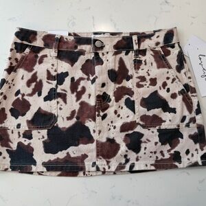 Love, Fire brown denim cow print mini skirt, size L